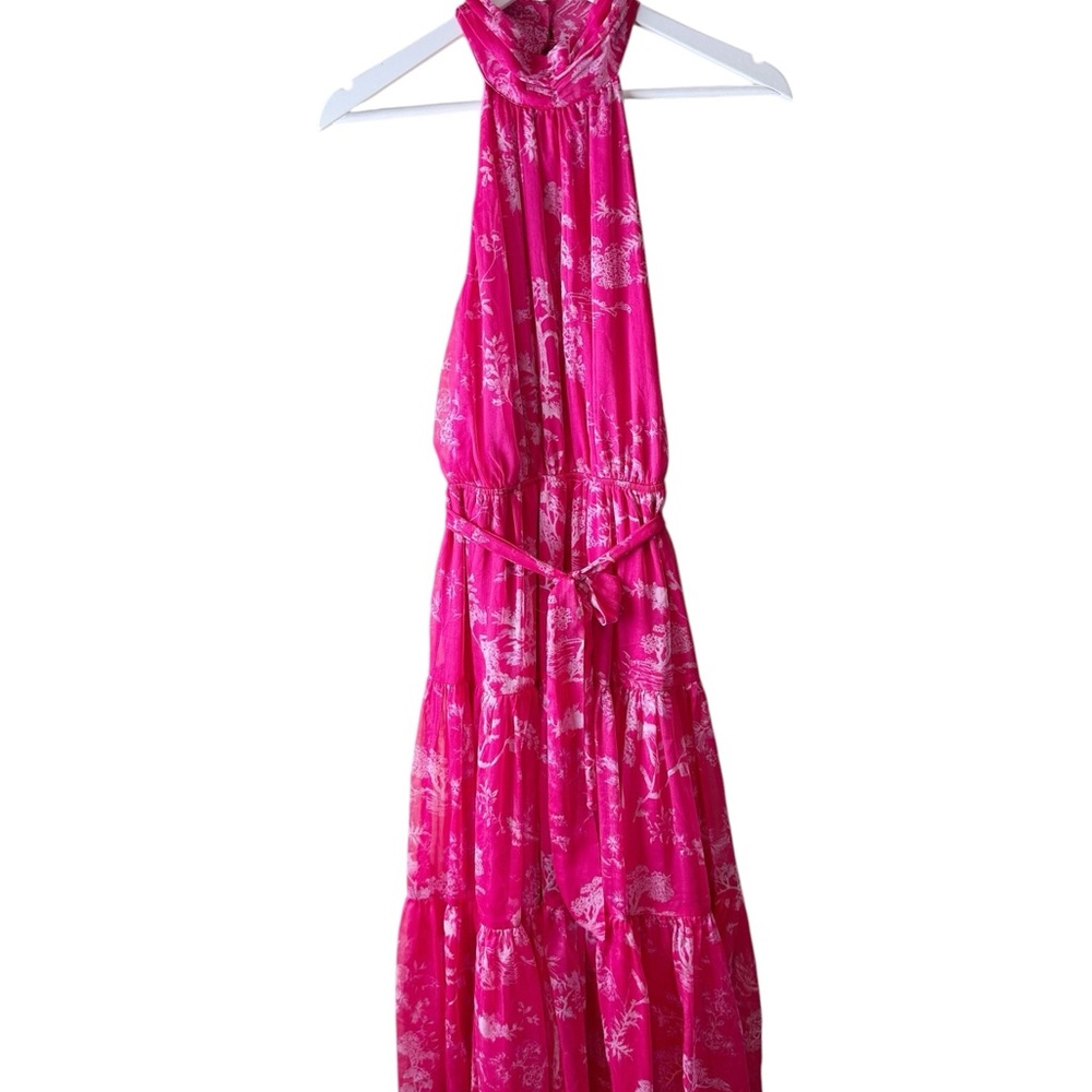Lulus Float to You Hot Pink Floral Print Halter-Neck Tiered Midi Dress S Wedding - Picture 2 of 10